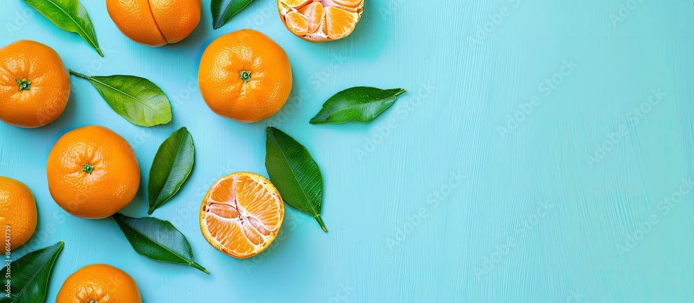 Aufkleber Ripe tangerines with leaves and slices on pastel background. with copy space image. Place for adding text or design