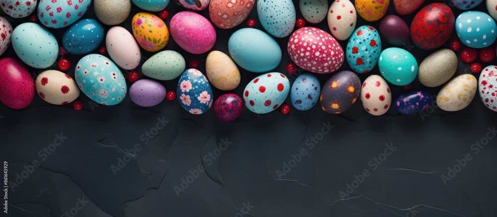 Poster stylish flat lay of easter eggs with copy space image, captured from above.