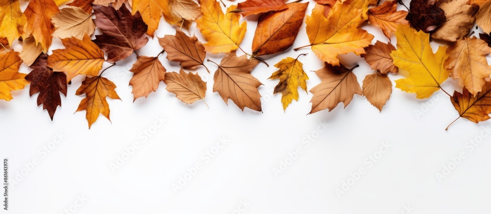 Aufkleber fall-themed backdrop using a border of dried autumn leaves on a white background, conveying an autum
