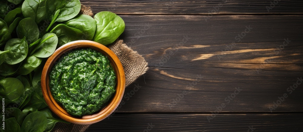 Fototapete healthy food: delicious cooked spinach on a rustic wooden surface with a flat lay perspective, provi