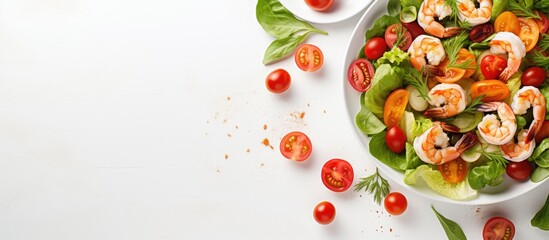 Flat lay of a tasty salad with shrimp, tomatoes, and croutons on a white table, offering a spacious area for text in the image. with copy space image. Place for adding text or design