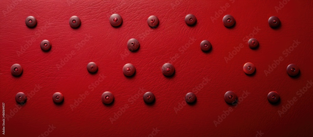 Poster Vibrant thumbtacks arranged on a textured red leather surface with space for images, featuring a subtle vignette effect. with copy space image. Place for adding text or design