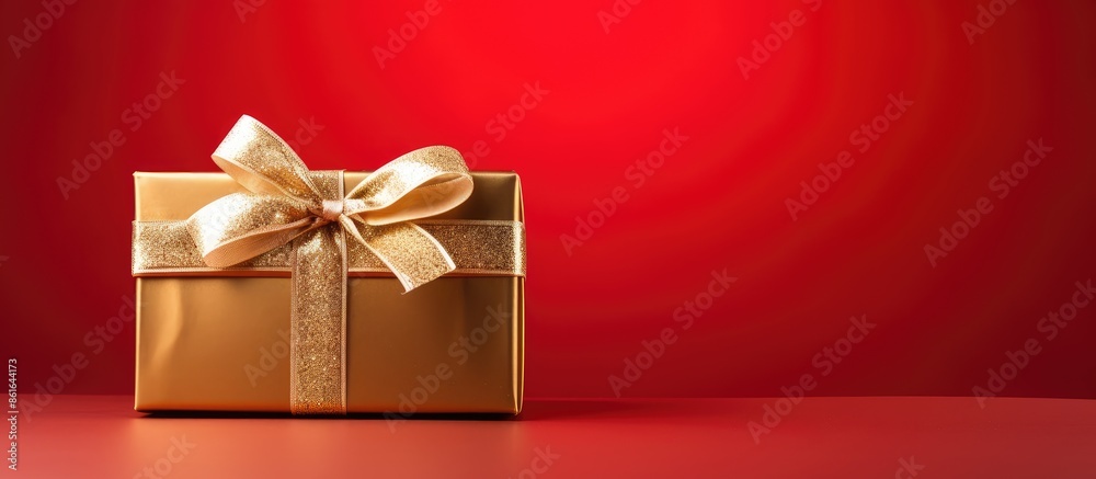 Poster christmas concept with a holiday present - a small golden box adorned with a decorative bow on a red
