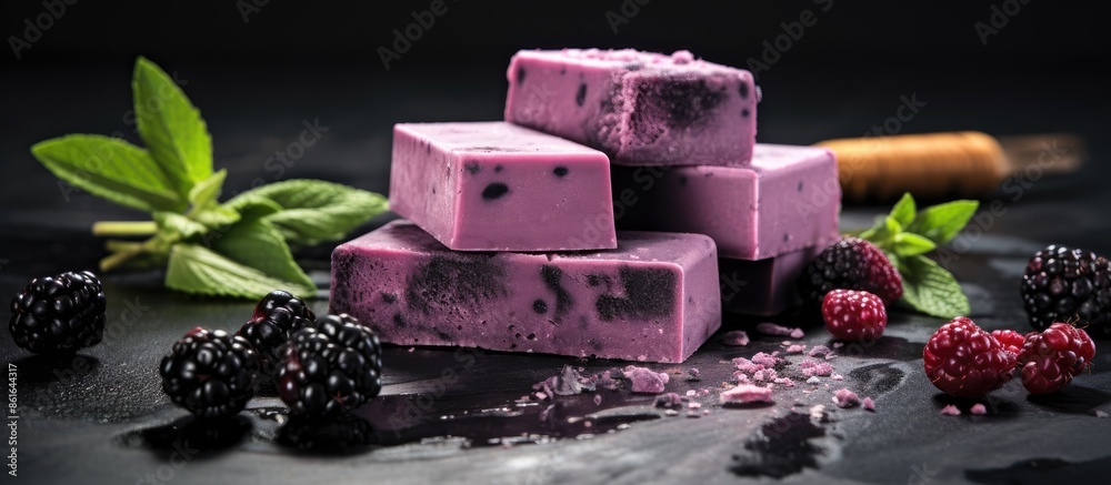Poster handmade organic soap bars with charcoal on a bright background, accompanied by blackcurrant sorbet,