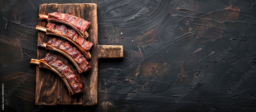 Poster top view of a wooden cutting board with a rack of mutton and lamb ribs. it is set against a dark woo