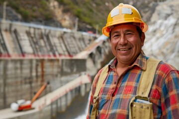 Obraz premium Portrait of a middle aged smiling male engineer at Hydroelectric Dam