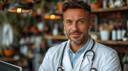 Innovative medical office with doctor using telemedicine technology, engaging with patient remotely in front of a computer