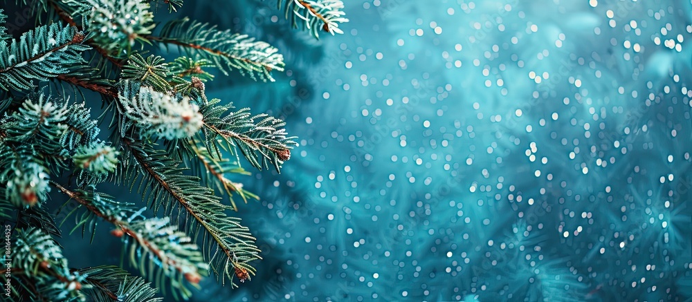 Poster a christmas-themed card featuring fir branches set against a blue backdrop with copy space image.