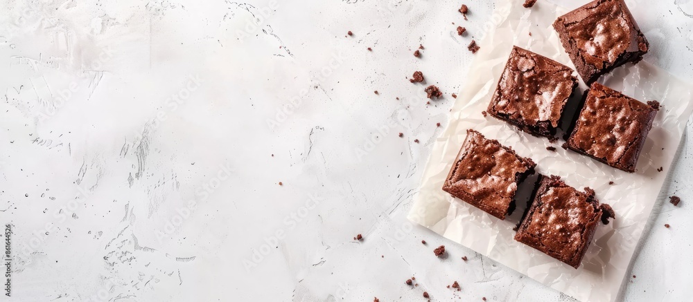 Poster top view of delicious homemade chocolate brownies on a white surface with copy space image.
