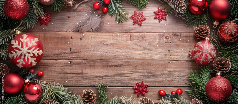 Poster christmas and new year decorations displayed on a wooden background with copy space image.