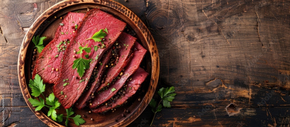 Poster top-down view of a wooden plate holding pastrami slices - dried beef infused with herbs - set agains
