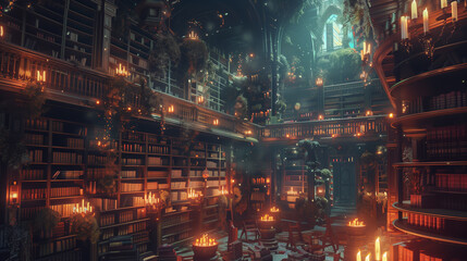 An enchanting library filled with floating books and glowing candles, each corner whispering hidden secrets in a cozy, magical setting.
