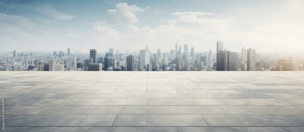 Aufkleber Empty concrete square floor in front of a panoramic skyline and buildings with copy space image.