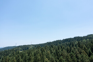 ドローン撮影：木が生い茂った山と青空