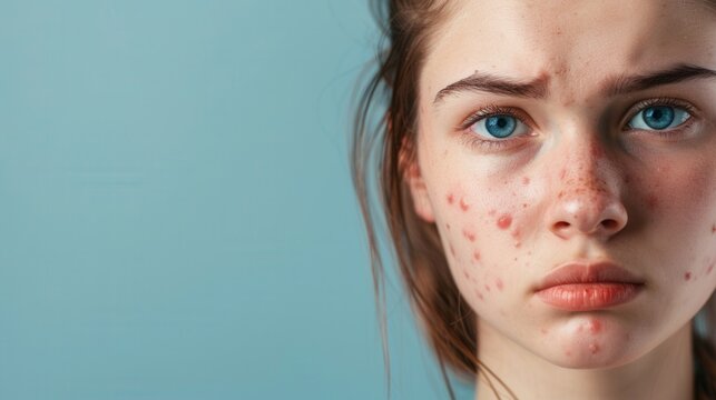 A close-up portrait of a young woman with acne on her face. She has blue eyes and is looking directly at the camera. The background is a light blue color. Generative AI
