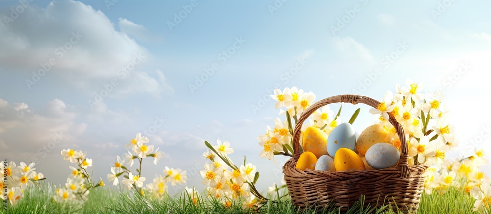 Poster easter greetings with a basket of eggs on sunny spring day - ideal easter-themed backdrop for text w