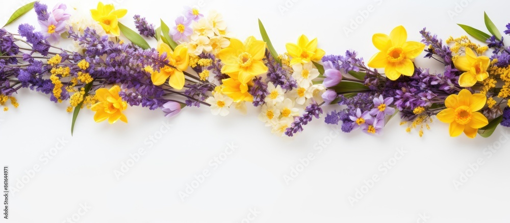 Poster an arrangement of yellow and purple flowers on a clean white backdrop, symbolizing spring and easter