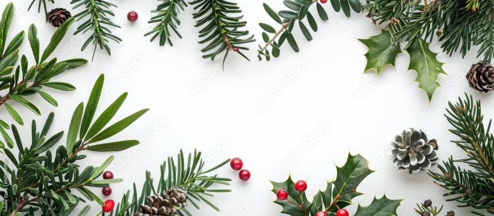 Poster a festive christmas-themed arrangement featuring holiday greenery on a white backdrop. viewed from a