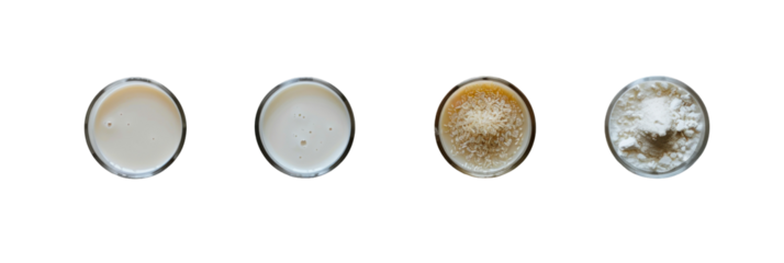 Four Glasses with Different Contents: Liquid, Powder, and Granules