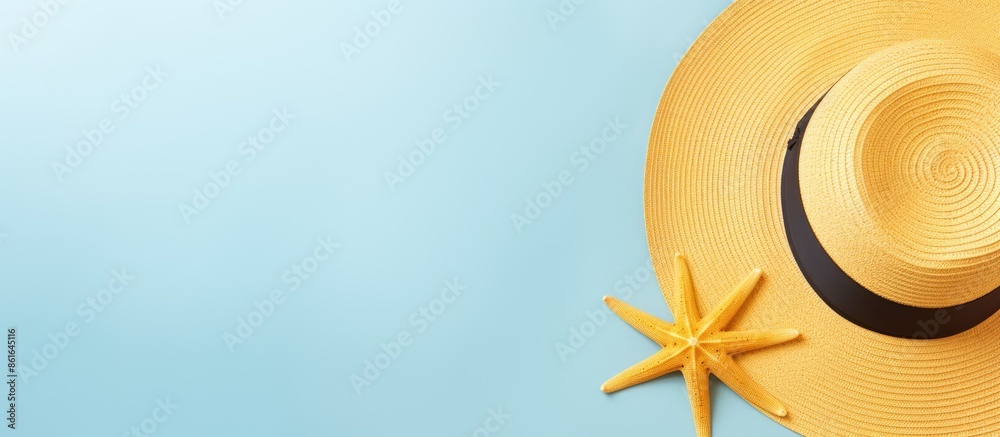Poster minimal background concept for summer holiday with a flat lay of a straw hat and starfish on a yello