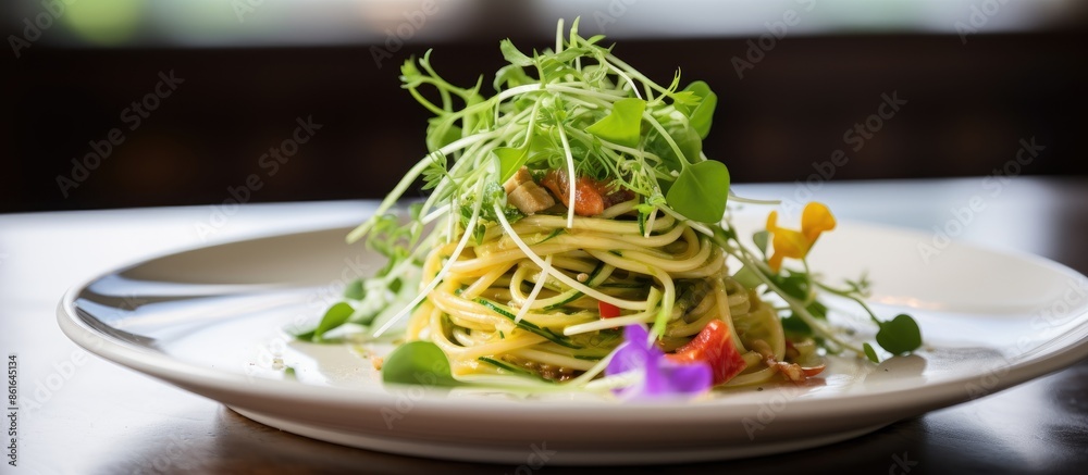 Aufkleber close-up of italian pasta with microgreens on a white plate with a copy space image in a restaurant 