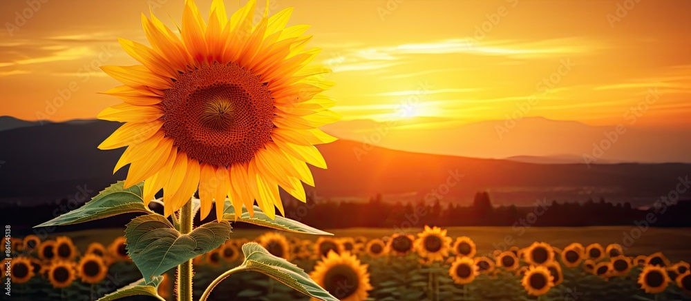 Poster a sunflower in a field at sunset, with a backlit setting, offering a scenic view with copy space ima