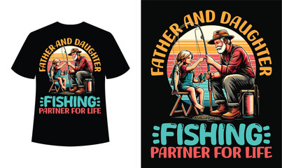 Father and daughter fishing partner vector art, bold and simple design on black background