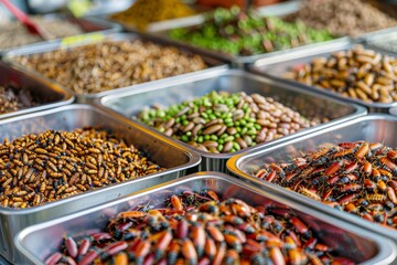 Obraz premium Edible insects in trays at vibrant food market