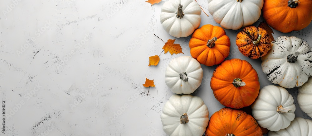 Poster a halloween-themed image featuring white and orange pumpkins from a top view on a white background w