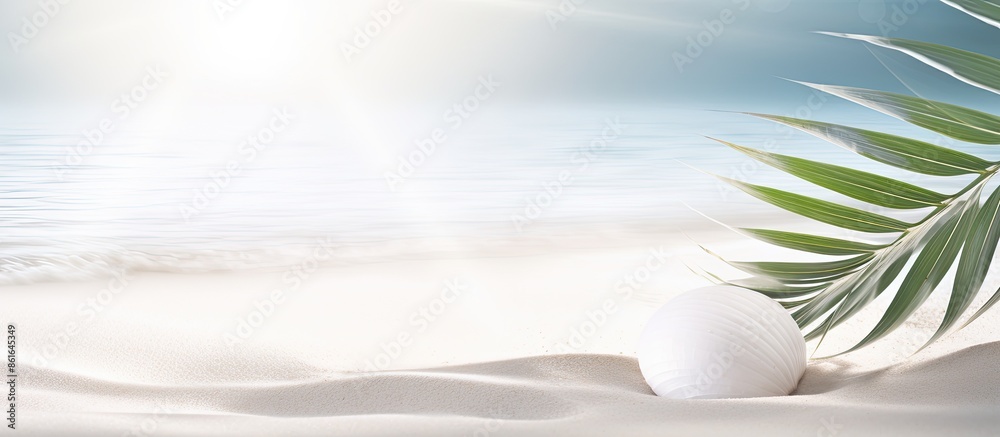 Wall mural Abstract white sand beach background with a shadow of a palm leaf, sun reflecting on the water; a beautiful summer vacation copy space image banner.