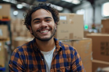 Obraz premium Portrait of a smiling young man working in warehouse with boxes