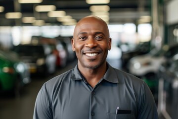 Fototapeta premium Portrait of a smiling middle aged African American male car mechanic