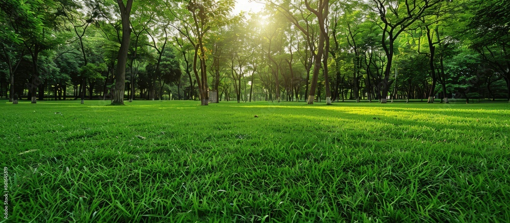 Poster Summer background featuring a well-maintained green park lawn under trees, perfect for inserting text or images. with copy space image. Place for adding text or design
