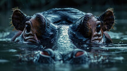 emotion fear, portrait of a hippo with big eyes, emotional look of an animal, dark horror room