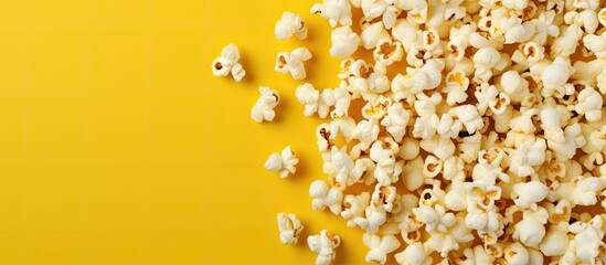 A bird's eye view of crispy popcorn spread out on a yellow surface, perfect for a cinema-themed copy space image.