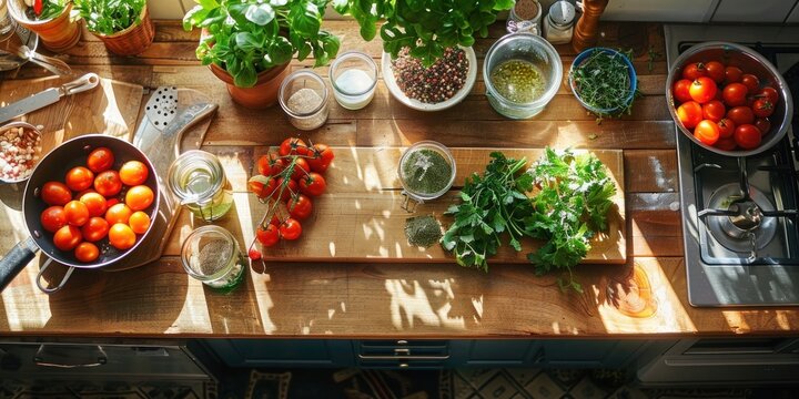 Culinary class setup on a wooden kitchen counter. Sophistication to the culinary adventure. Shot from above.