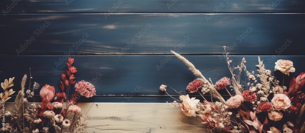 Poster vintage-style dry flowers displayed on a wooden background on the right side with copy space image.