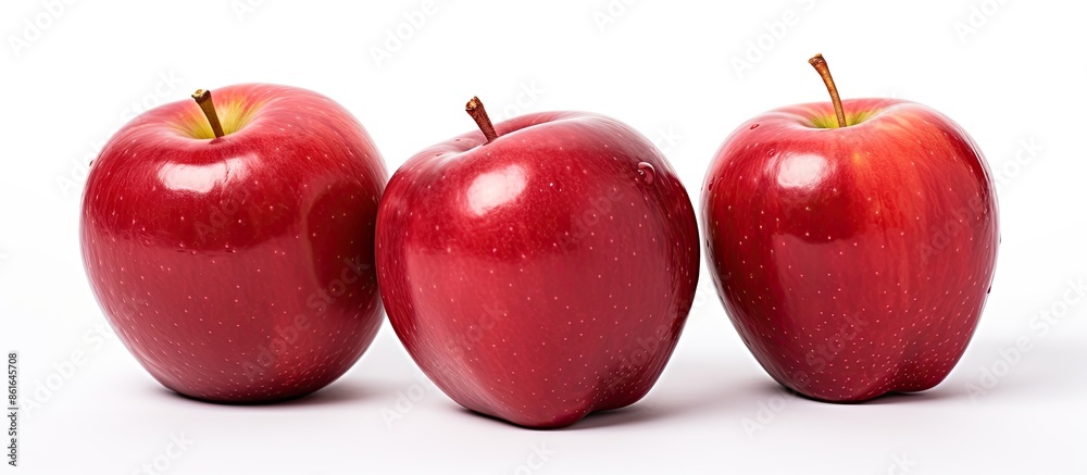 Aufkleber flat lay food photography of three ripe, red apples on a white background, representing a healthy nu