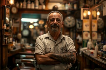 Fototapeta premium Portrait of a proud senior male barbershop owner