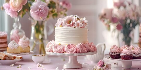Naklejka premium Beautifully decorated dessert table featuring flowers and a scrumptious white and pink cake. Concept Dessert Table, Flower Decor, White and Pink Cake, Beautiful Presentation