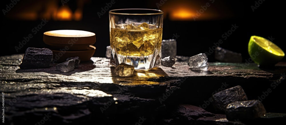 Poster a mexican gold tequila shot with lime and salt placed on a black stone table with a focused backgrou