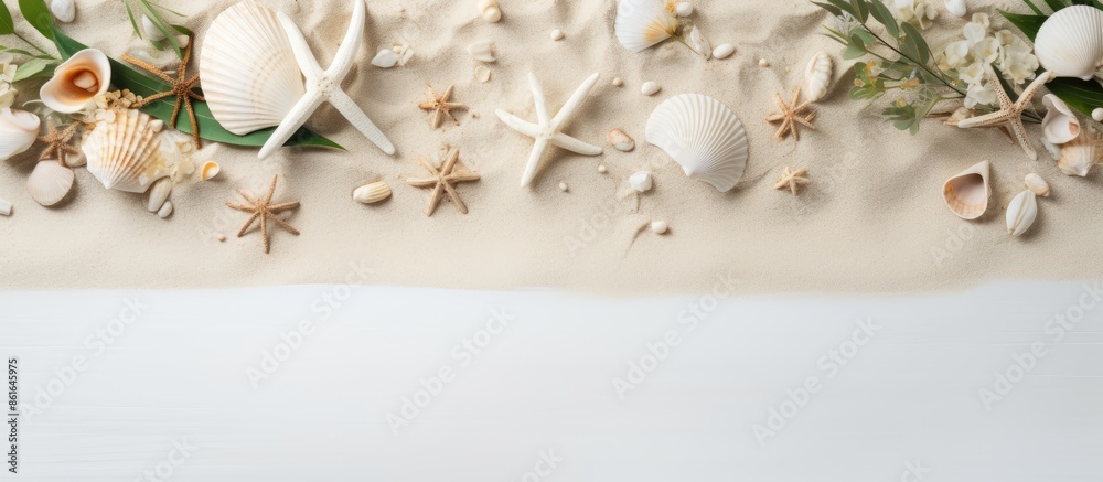 Poster monochromatic off-white flat lay with a sand frame adorned with eucalyptus, seashells, and a starfis