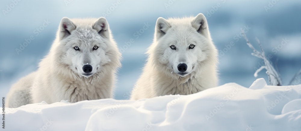 Aufkleber Arctic wolves with a snowy background in a copy space image.