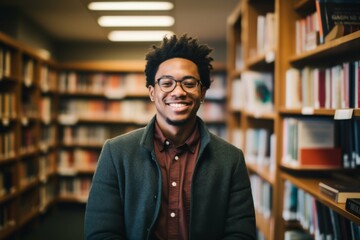 Fototapeta premium Portrait of a smiling African American male student in library