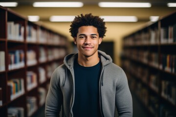 Portrait of a smiling African American male student in library