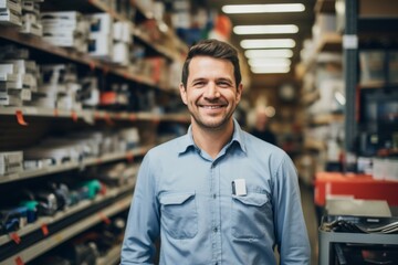 Fototapeta premium Portrait of a smiling middle aged male worker in tool shop