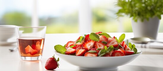 Fresh strawberry fruit salad paired with a cup of green tea makes for a nourishing meal with a vibrant and natural charisma in the copy space image.