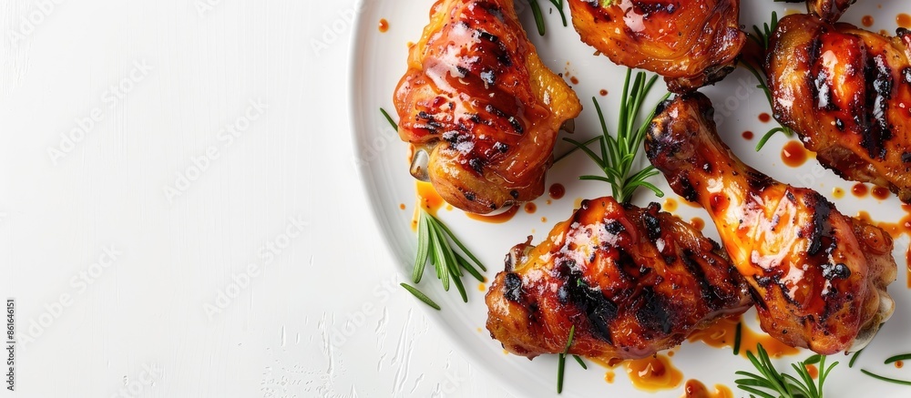 Aufkleber close-up image of buffalo sauce-marinated grilled chicken drumsticks on a white background with copy