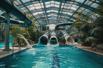 A colorful water slide in a swimming pool with a waterfall flowing into the pool