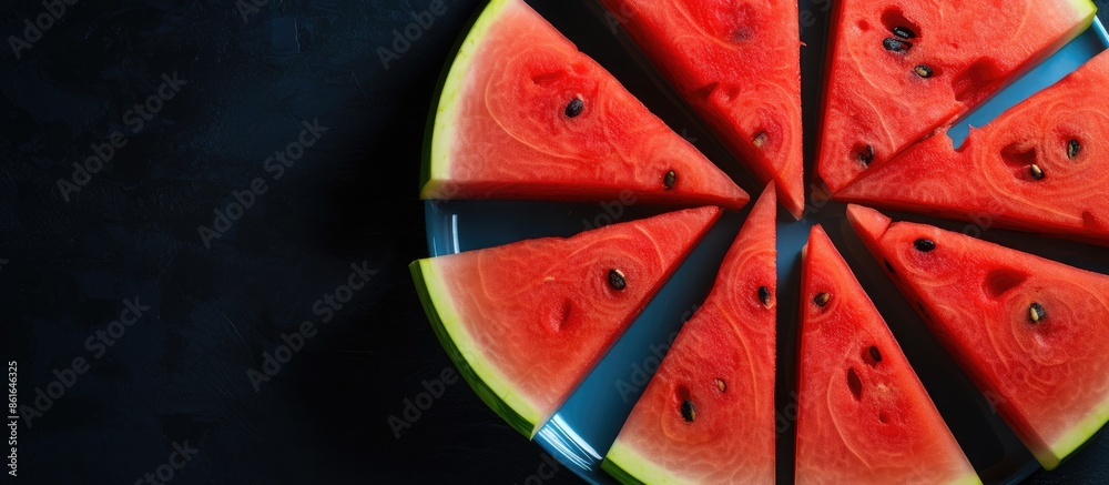 Aufkleber top-view composition of watermelon slices on a black plate against a concrete backdrop with summer s